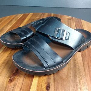 Desert Land Sandals Slip On Buckle Brown Black‎ Leather Chunky Lug Sole Womens 8